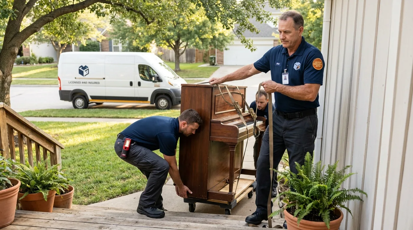 Licensed piano movers securing grand piano in Iselin, NJ