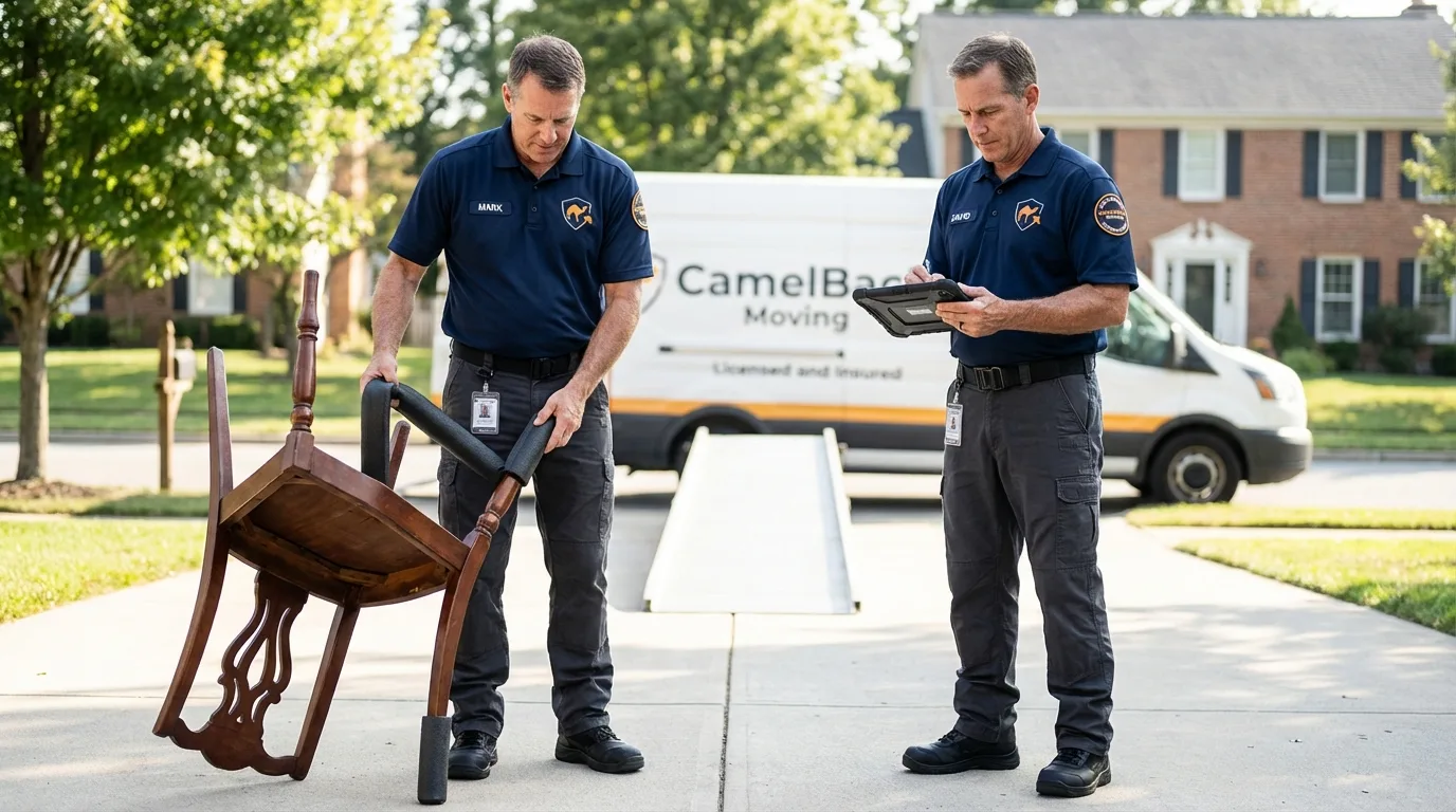 Movers inspecting furniture for damage prevention before loading in Iselin, NJ