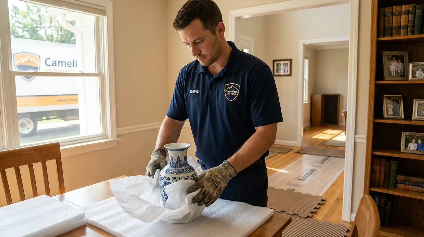 Professional crew carefully wrapping antique vase for senior downsizing move in Iselin, NJ